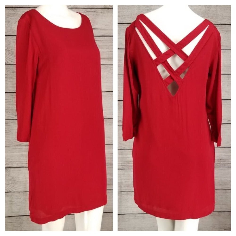 BB Dakota Zeppelin Shift Mini Dress Size XS Red Casual Boho 3/4 Sleeve Party